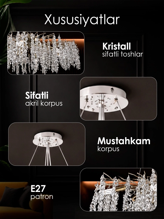 Lyustra osma, osma qandil xrustal, 2 xil o'lchamda lustra, zal va oshxona uchun qandilar
