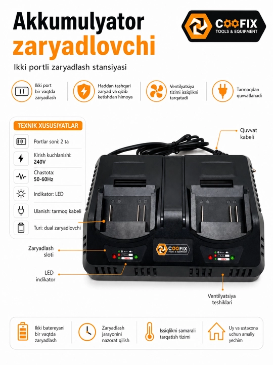 COOFIX Зарядное устройство для аккумуляторов, двухпортовое зарядное устройство, DC20V - 
