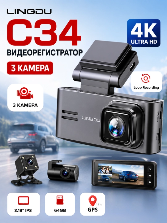 Videoregistrator, LINGDU C34 4K dash kamerasi oʻrnatilgan 5G Wi-Fi GPS, ekran old va orqa - 