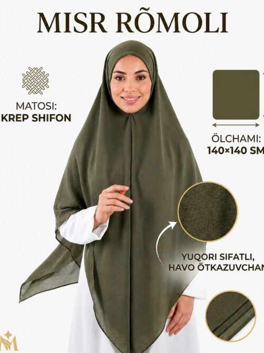 Shifon misr ro`mol, haj va umra uchun, ayollar uchun ro`mol, hidjob o'lchami 140*140 - 