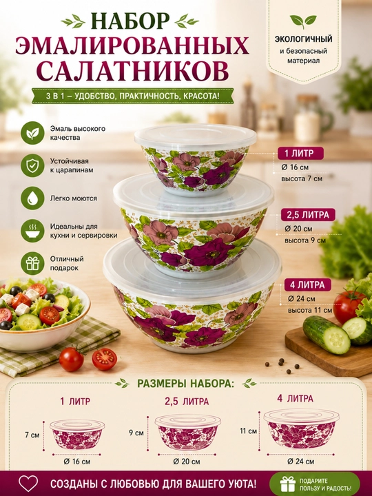 Набор салатников 3 шт Эмалированная - 