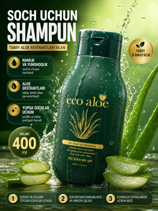 Soch uchun shampun, Rosee Eco aloe, Eco argan, Eco qora sarimsoq, 400 ml