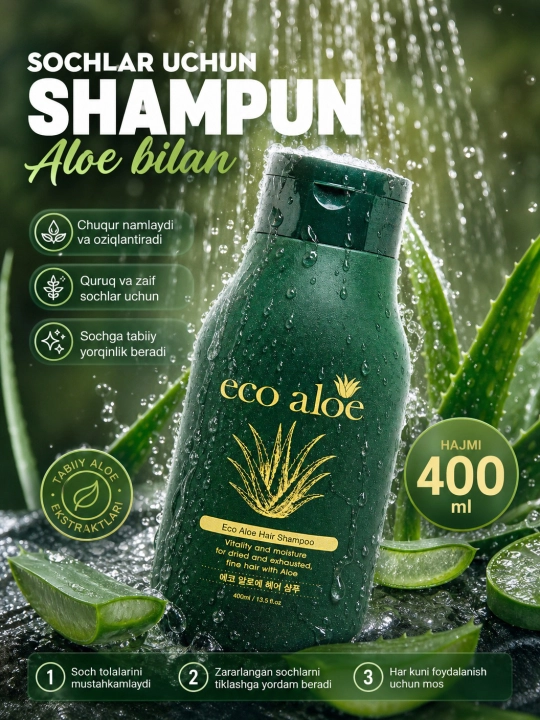 Soch uchun shampun, Rosee Eco aloe, Eco argan, Eco qora sarimsoq, 400 ml
