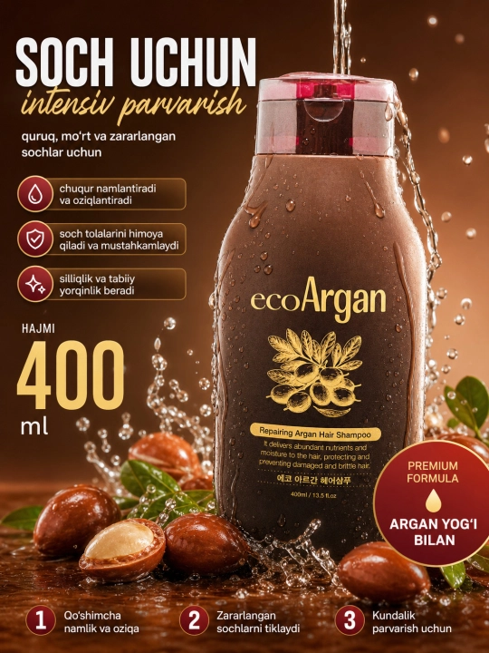 Soch uchun shampun, Rosee Eco aloe, Eco argan, Eco qora sarimsoq, 400 ml