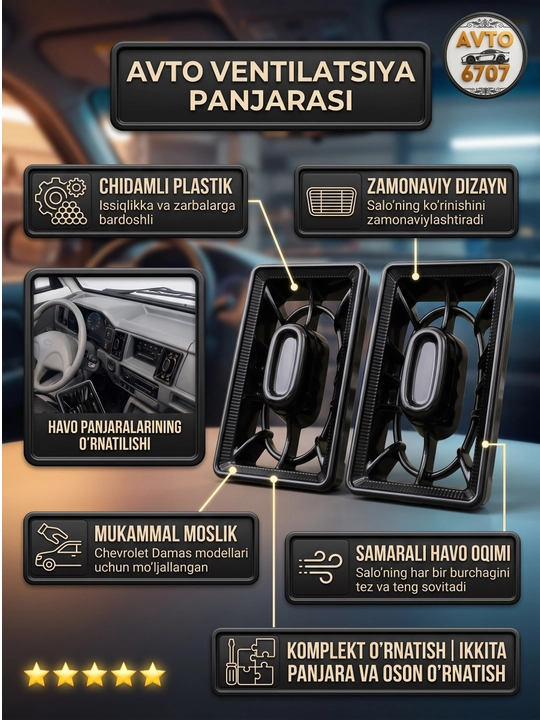 Damas va Labo uchun deflektor Mers uslubida havo chiqarish panjarasi, qora avto tuning