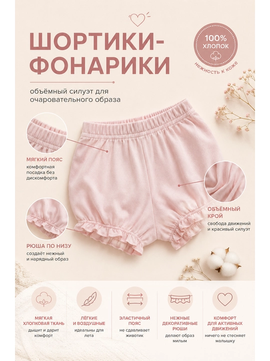 Летний комплект для девочки, 2 штуки боди и шорты, 100% хлопок
