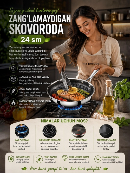 20 22 24 26 28 SM Har bir mukammal mukammal uchun skovorodka - 