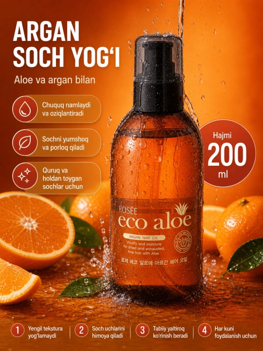 Argan soch yog'i, Rosee Eco Aloe, 200 ml