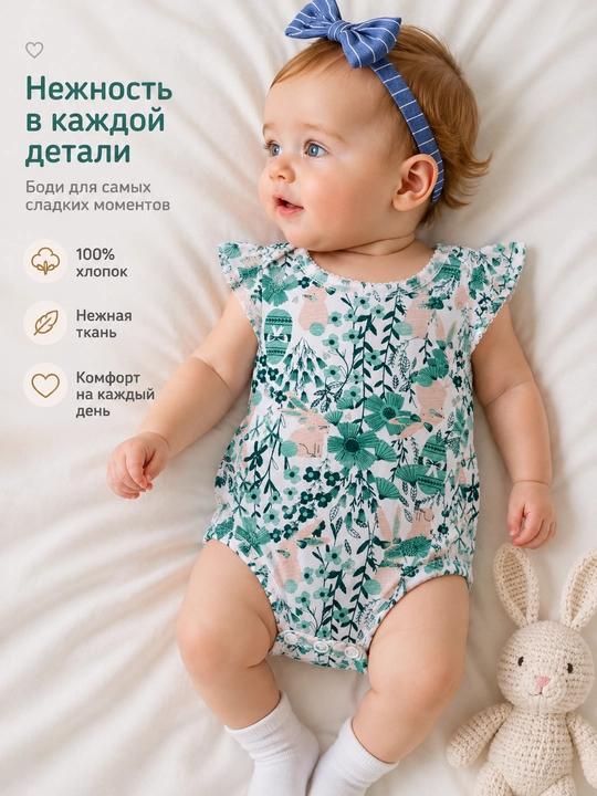 Летний комплект для девочки, 2 штуки боди и шорты, 100% хлопок