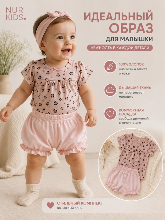 Летний комплект для девочки, 2 штуки боди и шорты, 100% хлопок