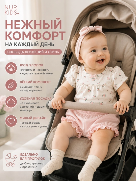 Летний комплект для девочки, 2 штуки боди и шорты, 100% хлопок