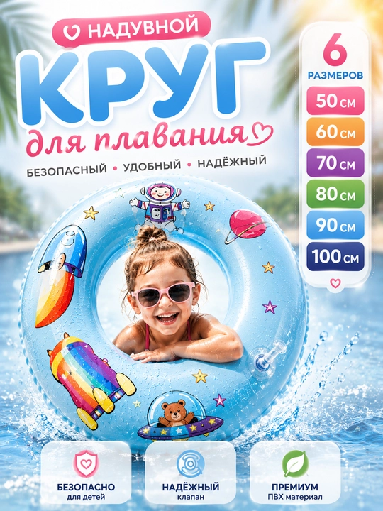 Надувной круг для плавания, для детей и взрослых, ПВХ, 50-100 см - 