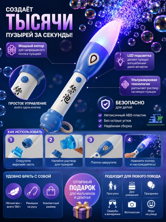 Электрическая палочка для мыльных пузырей с подсветкой, детская игрушка, генератор пузырей