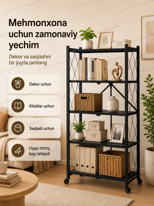 Полка - стеллаж на колесах напольная металлическая складная для цветы, кухни склада 3/4/5
