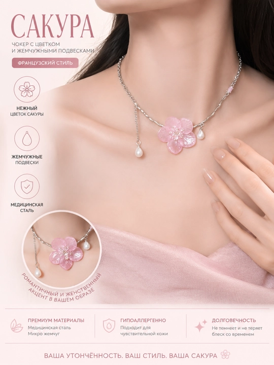 «Sakura» gulli va marjon tomchili nafis choker — fransuz uslubida