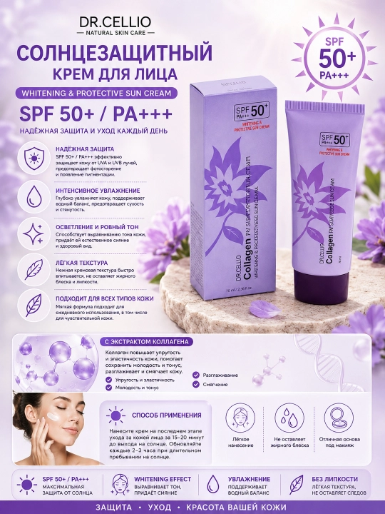 Увлажняющий, солнцезащитный крем для лица Dr.Cellio 98%, SPF 50+ - 