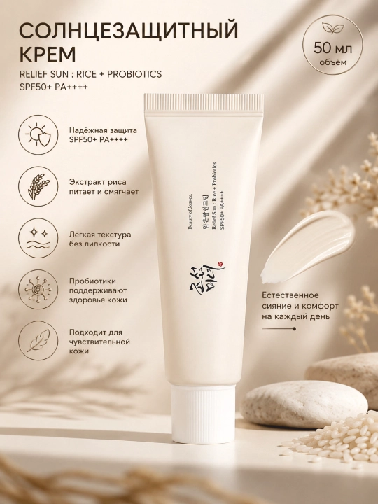 Солнцезащитный крем с рисом и пробиотиками, лёгкий и увлажняющий Beauty of Joseon SPF 50+ - 
