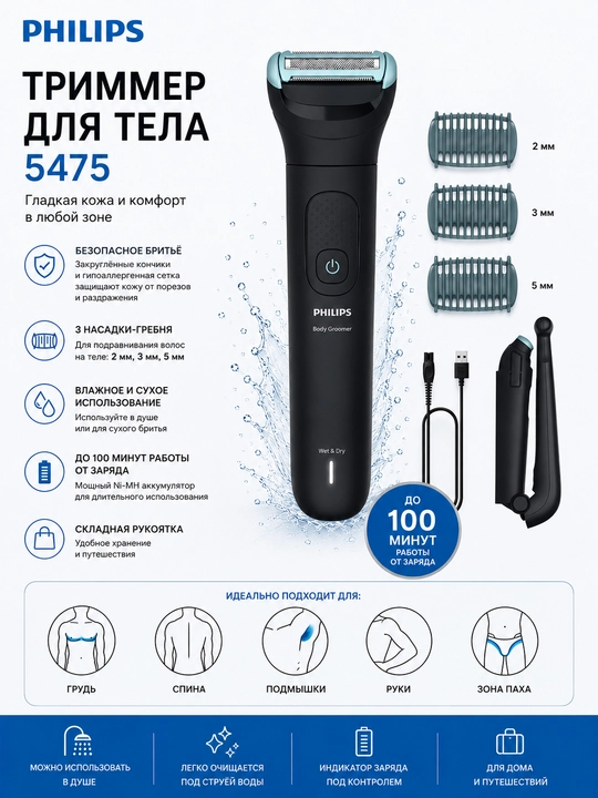 Триммер для тела и спины Philips BG5475 с удлиняющей насадкой - 