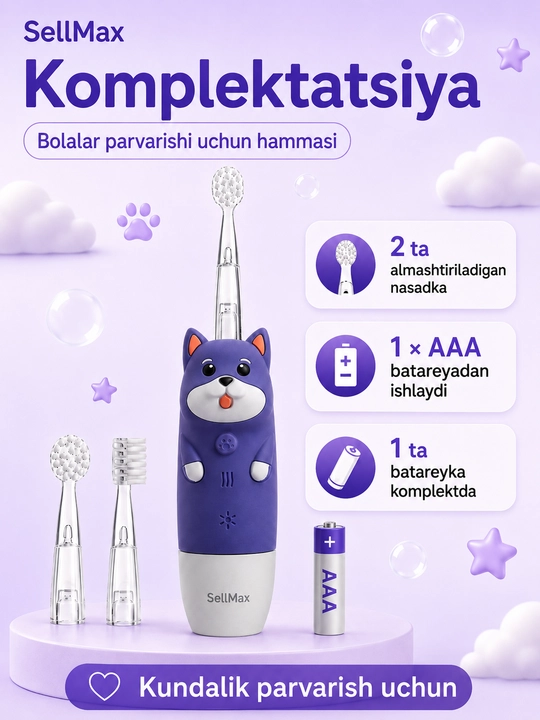 0-7 yoshli bolalar uchun batareyali Dog/Cat SellMax elektr tish cho‘tkasi