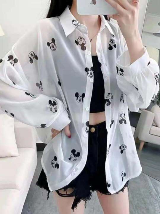 Женская белая рубашка Oversize, с принтом Mickey - 