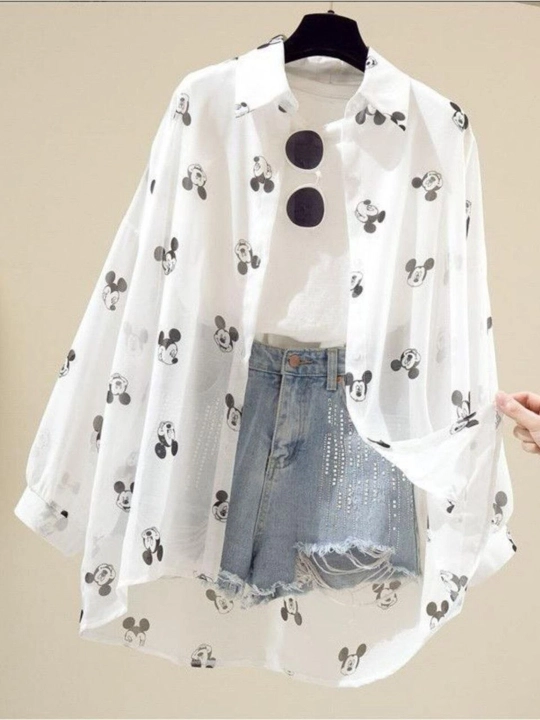 Женская белая рубашка Oversize, с принтом Mickey