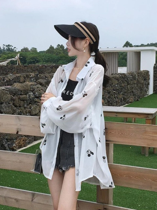 Женская белая рубашка Oversize, с принтом Mickey