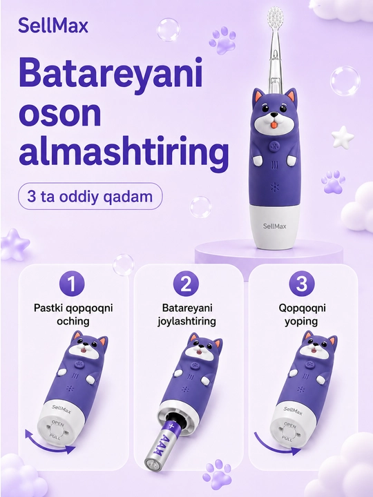0-7 yoshli bolalar uchun batareyali Dog/Cat SellMax elektr tish cho‘tkasi