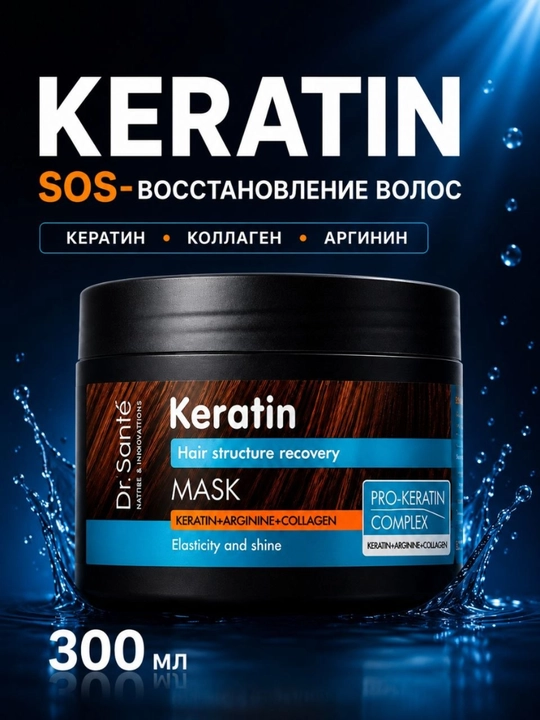 Keratin маска для тусклых и ломких волос Dr.Sante, кератин + коллаген + арганин, 300 мл - 