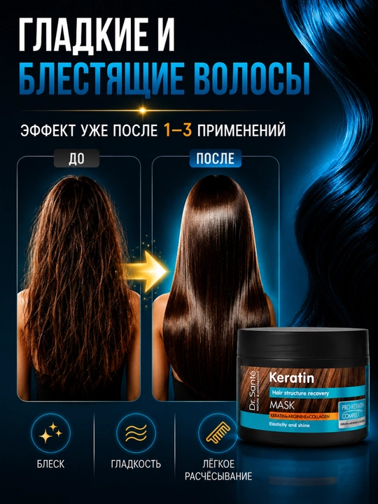 Keratin маска для тусклых и ломких волос Dr.Sante, кератин + коллаген + арганин, 300 мл