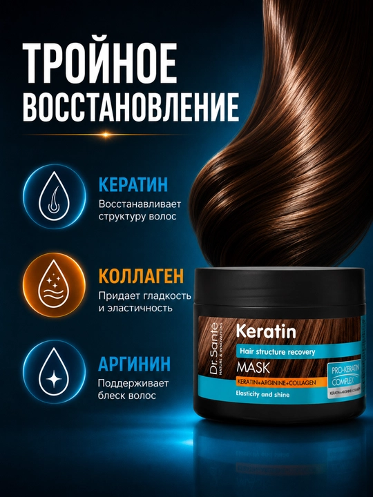 Keratin маска для тусклых и ломких волос Dr.Sante, кератин + коллаген + арганин, 300 мл