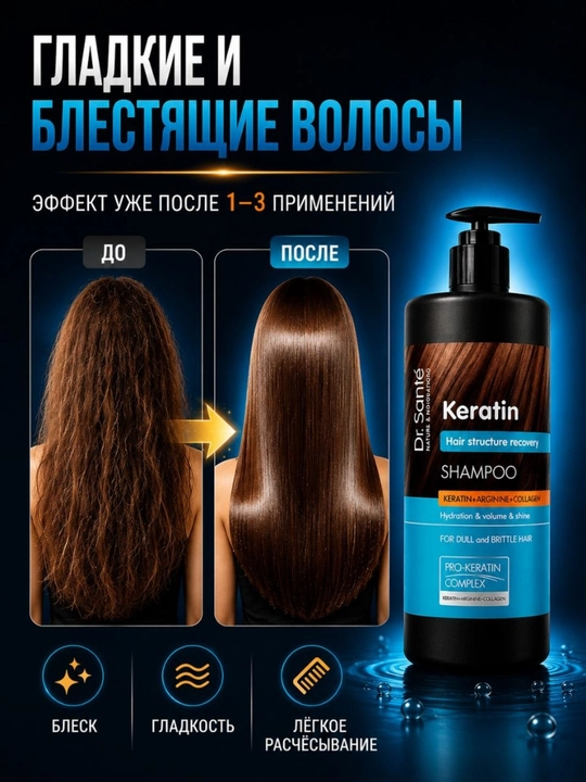 Шампунь Dr.Sante Keratin, для тусклых и ломких волос, кератин + коллаген+арганин, 1000 мл