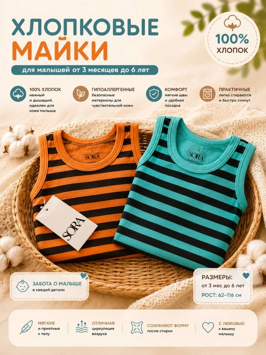 Майка детская SORA для мальчиков и девочек, хлопок, набор из 3 штук - 