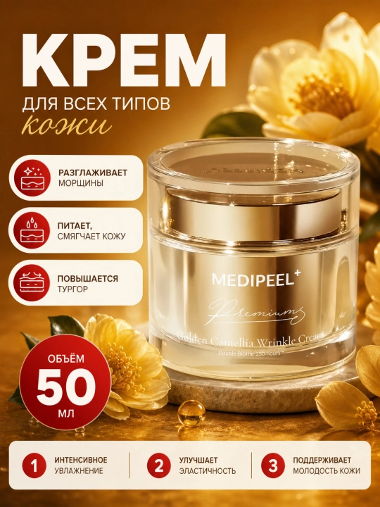 Ajinlarga va qarishga qarshi krem, ​​MEDIPEEL+, Premium Golden Camellia, 50 ml - 
