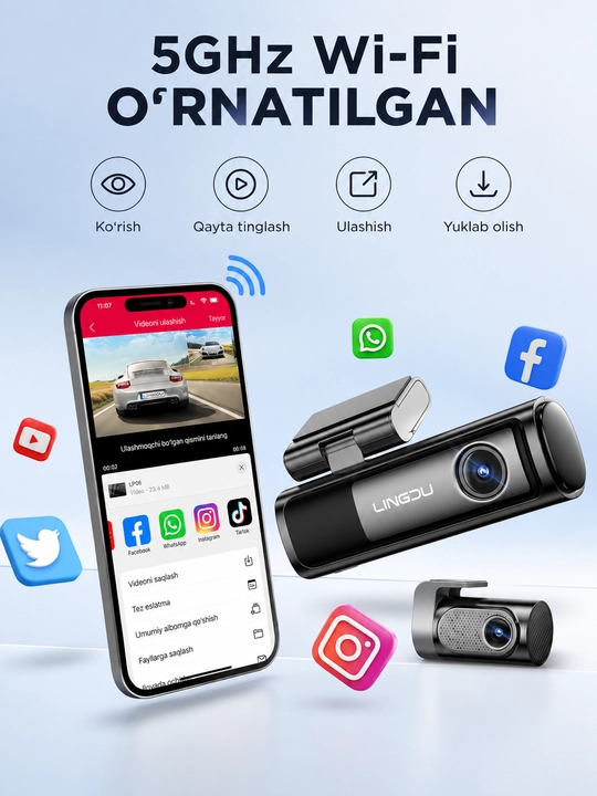 Видеорегистратор, LINGDU LD06, картой 64 ГБ, 5 ГГц, WiFi, GPS, ночное видение, автотовары