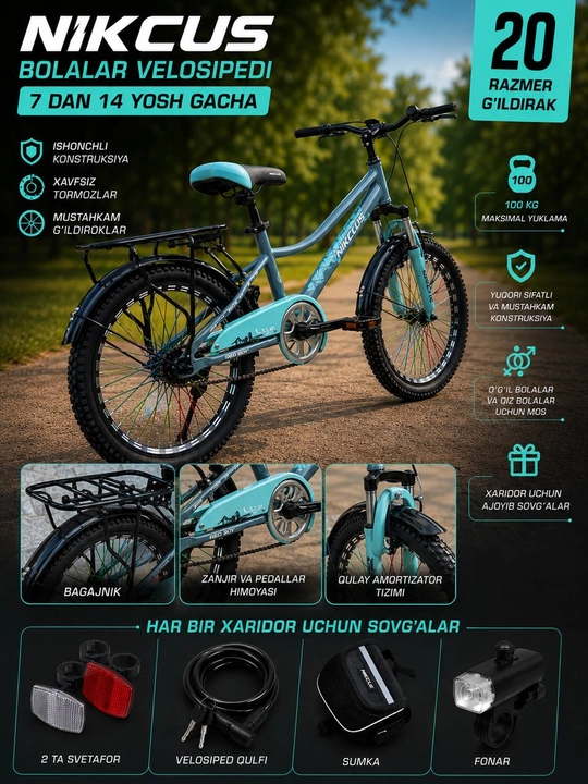 Velosiped NIKCUS 20 bolalar va osmirlar uchun mustaxkam va qulay
