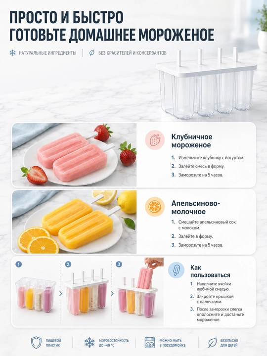 Форма для мороженого 4 ячейки с крышкой и палочками, для эскимо и фруктового льда