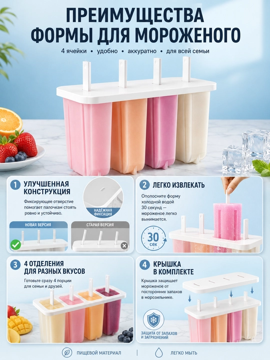 Форма для мороженого 4 ячейки с крышкой и палочками, для эскимо и фруктового льда