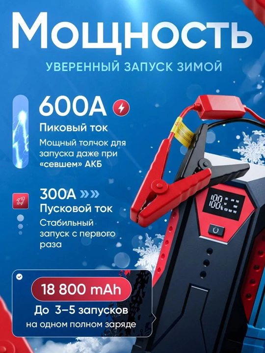 Пусковое устройство для автомобиля с Power Bank и LED-фонарем 18800 мАч