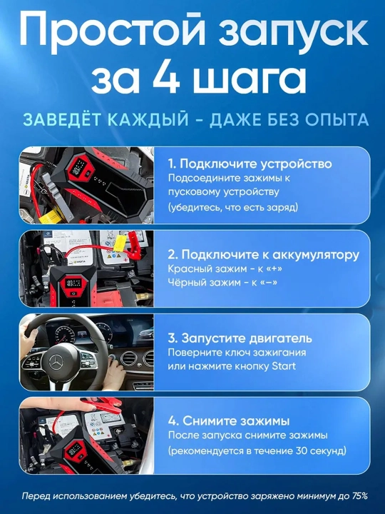 Пусковое устройство для автомобиля с Power Bank и LED-фонарем 18800 мАч