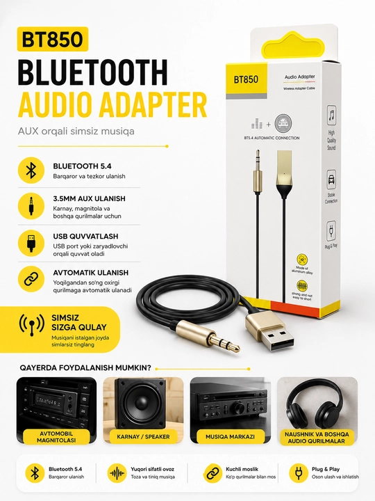 Bluetooth-аудиоадаптер BT850, беспроводной аудиоприемник AUX 3,5 мм, питание от USB - 