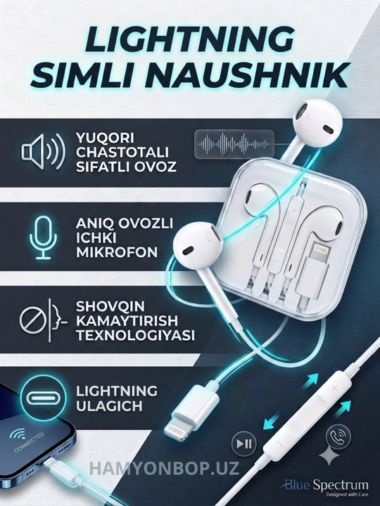 Simli quloqchinlar, Type-C, 3.5 mm Jack, Lightning, har xil turdagi telefonlar uchun - 