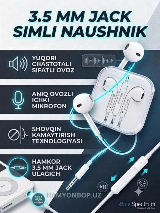Simli quloqchinlar, Type-C, 3.5 mm Jack, Lightning, har xil turdagi telefonlar uchun - 