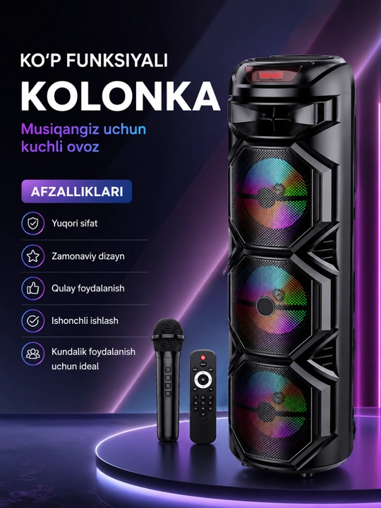Ko‘p funksiyali Bluetooth karaoke kolonkasi RGB LED, simsiz mikrofon va pult bilan - 