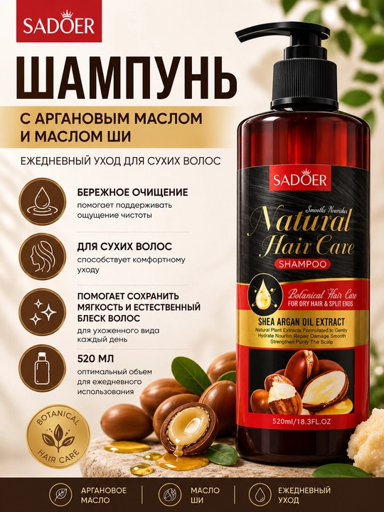 Шампунь SADOER с аргановым маслом и маслом ши, для сухих волос, ежедневный уход, 520 мл