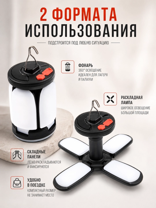 Кемпинговый фонарь USB зарядка, складная лампа 6 режимов, крючок для палатки