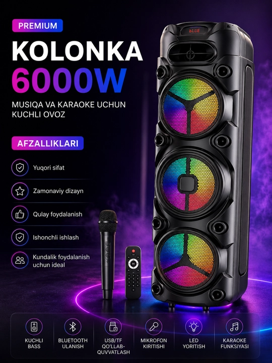 6000W Premium Bluetooth Karaoke Kolonkasi, Simsiz Mikrofon va Pult bilan RGB LED - 