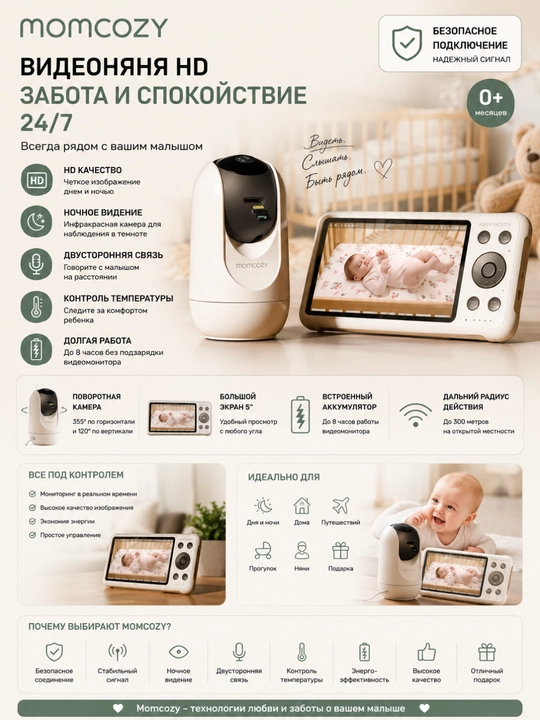 1080P kamerali, 5 dyuymli ekranli,  BM04 o‘lchamli Momcozy aqlli Wi-Fi radio enaga - 