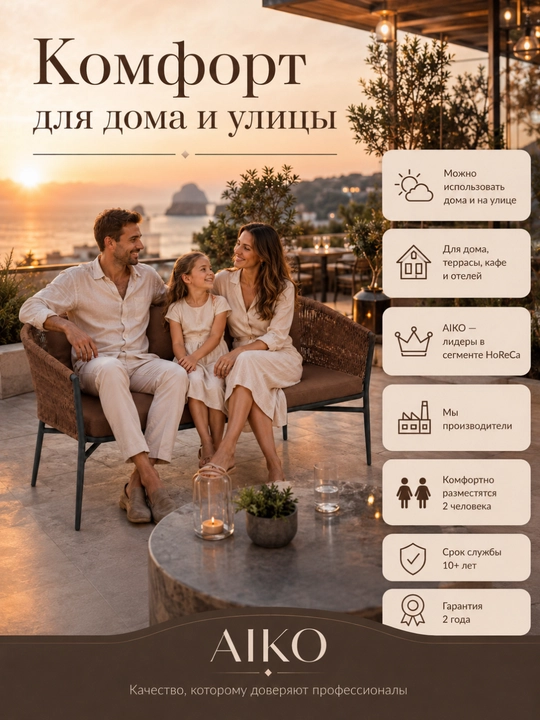 Bog' Divan AIKO Zoe, yostiqlar bilan birga, eko-rattan, uy uchun, 131 x 67 x 77 sm