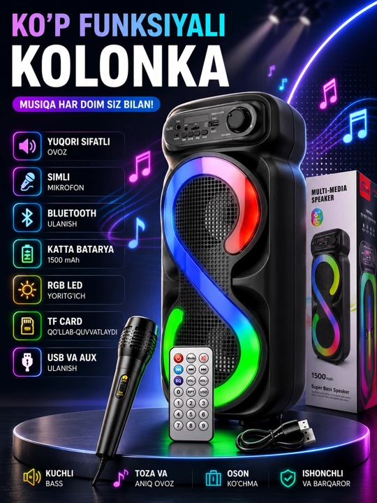 Ko'p Funksiyali Bluetooth Karaoke Kolonkasi, Mikrofon, RGB LED va Masofadan Boshqaruv - 
