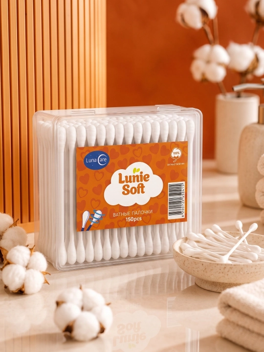 Ватные палочки Lunie Soft, 100% хлопок, гипоаллергенные, для косметики, 150/200/300 шт